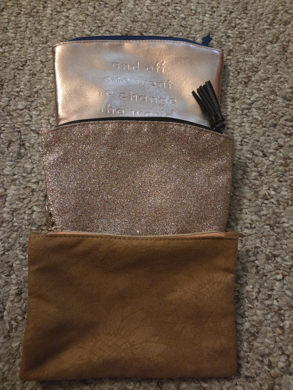 Ipsy Set of 3 Women's Pouches - Rose Gold, Glitter Gold, Tan Make Up Bags